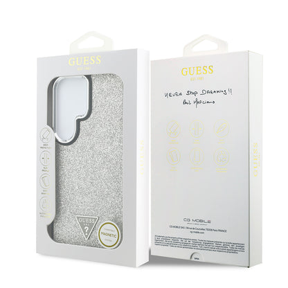 Galaxy S26 Ultra Kılıf Guess Orijinal Lisanslı M-safe Şarj Özellikli Metal Kamera Çerçeveli Üçgen Logolu Glitter Kılıf