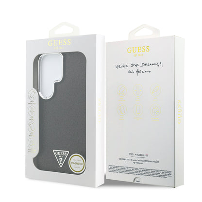 Galaxy S26 Ultra Kılıf Guess Orijinal Lisanslı M-safe Şarj Özellikli Metal Kamera Çerçeveli Üçgen Logolu Glitter Kılıf