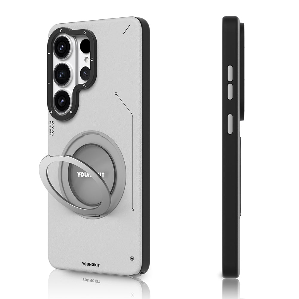 Galaxy S26 Ultra Kılıf M-safe Şarj Özellikli 360° Standlı Basit Mat Deri Desenli Youngkit Tech Leather Serisi Kılıf