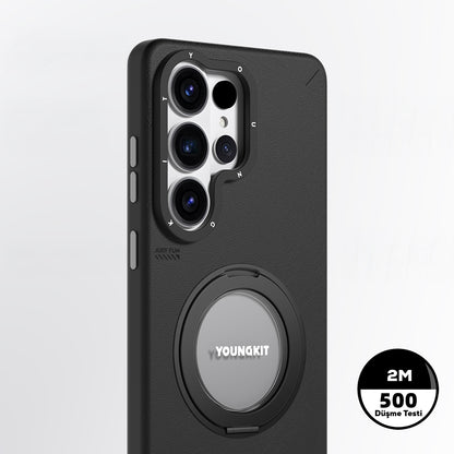 Galaxy S26 Ultra Kılıf M-safe Şarj Özellikli 360° Standlı Basit Mat Deri Desenli Youngkit Tech Leather Serisi Kılıf