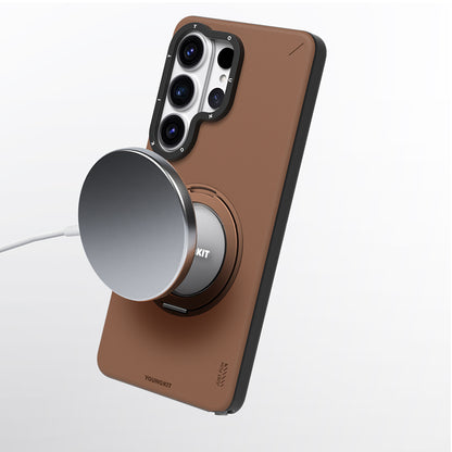 Galaxy S26 Ultra Kılıf M-safe Şarj Özellikli 360° Standlı Basit Mat Deri Desenli Youngkit Tech Leather Serisi Kılıf