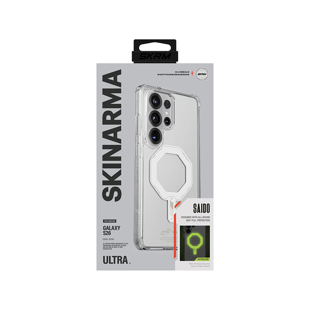 Galaxy S26 Ultra Kılıf M-safe Şarj Özellikli Şeffaf Airbag Tasarımlı Skinarma Saido Mag-Charge Nightglow Kılıf