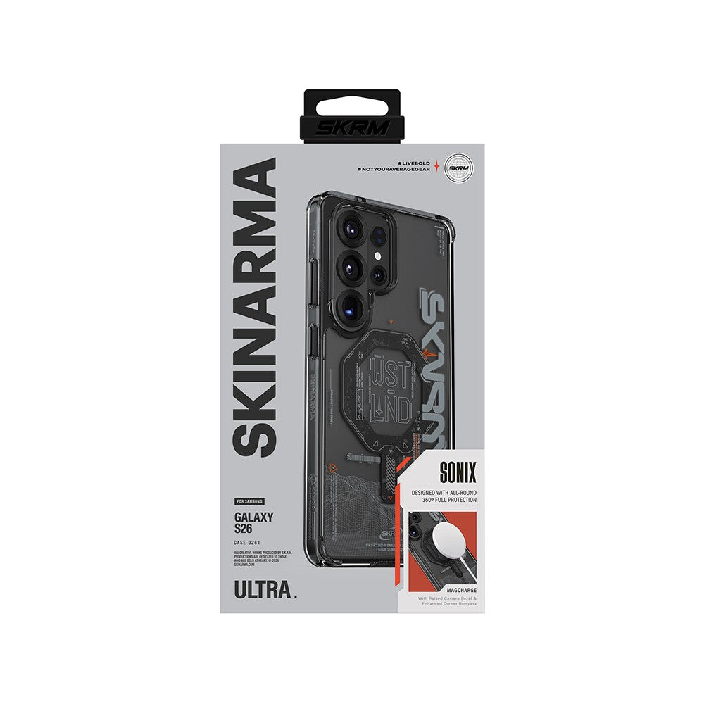 Galaxy S26 Ultra Kılıf M-safe Şarj Özellikli Yazı Desenli Airbag Tasarımlı Skinarma Sonix Kılıf