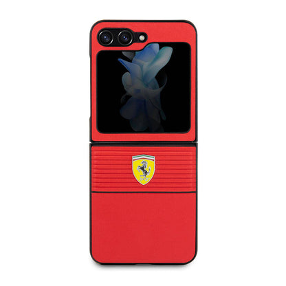 Galaxy Z Flip 5 Kılıf Ferrari Orijinal Lisanslı PU Deri Metal Logolu Multi Çizgili Kılıf
