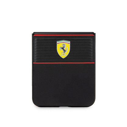 Galaxy Z Flip 5 Kılıf Ferrari Orijinal Lisanslı PU Deri Metal Logolu Multi Çizgili Kılıf