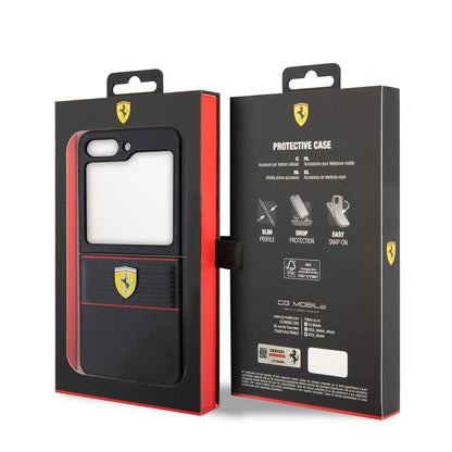 Galaxy Z Flip 5 Kılıf Ferrari Orijinal Lisanslı PU Deri Metal Logolu Multi Çizgili Kılıf