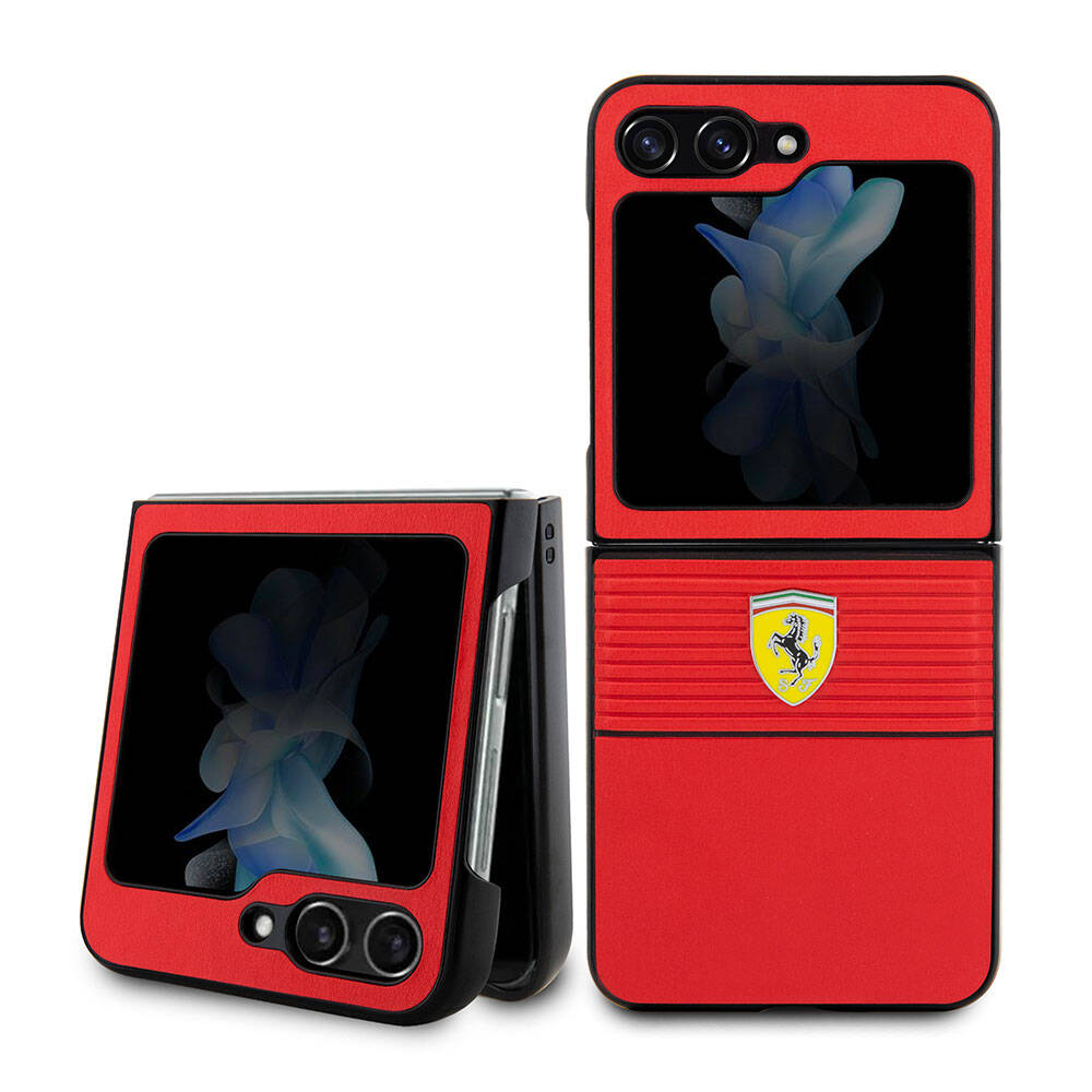 Galaxy Z Flip 5 Kılıf Ferrari orijinal Lisanslı PU Deri Metal Logolu Multi Çizgili Kılıf