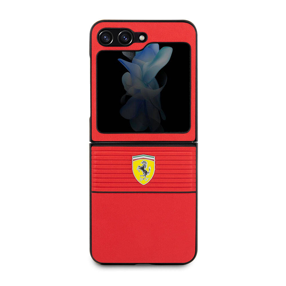 Galaxy Z Flip 5 Kılıf Ferrari orijinal Lisanslı PU Deri Metal Logolu Multi Çizgili Kılıf