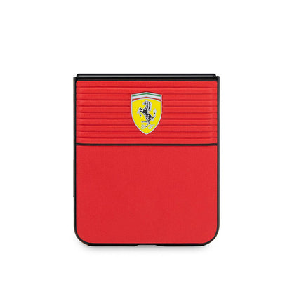 Galaxy Z Flip 5 Kılıf Ferrari orijinal Lisanslı PU Deri Metal Logolu Multi Çizgili Kılıf