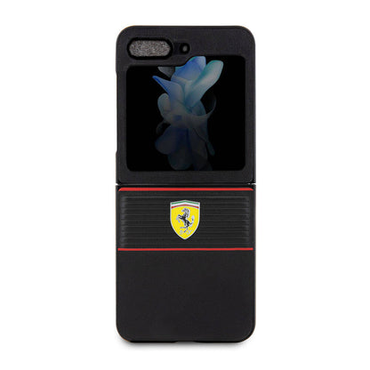 Galaxy Z Flip 5 Kılıf Ferrari orijinal Lisanslı PU Deri Metal Logolu Multi Çizgili Kılıf