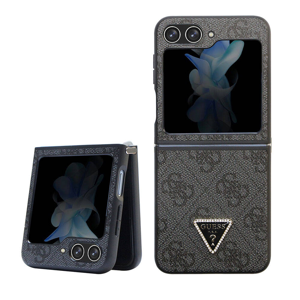 Galaxy Z Flip 5 Kılıf Guess Orijinal Lisanslı PU Deri Taşlı Üçgen Logo 4G Desenli Strass Kılıf