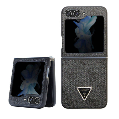 Galaxy Z Flip 5 Kılıf Guess Orijinal Lisanslı PU Deri Taşlı Üçgen Logo 4G Desenli Strass Kılıf