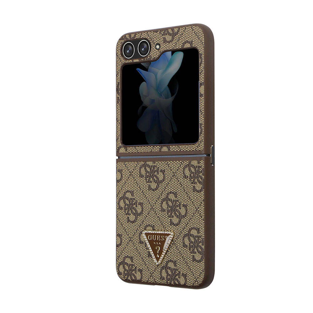 Galaxy Z Flip 5 Kılıf Guess Orijinal Lisanslı PU Deri Taşlı Üçgen Logo 4G Desenli Strass Kılıf