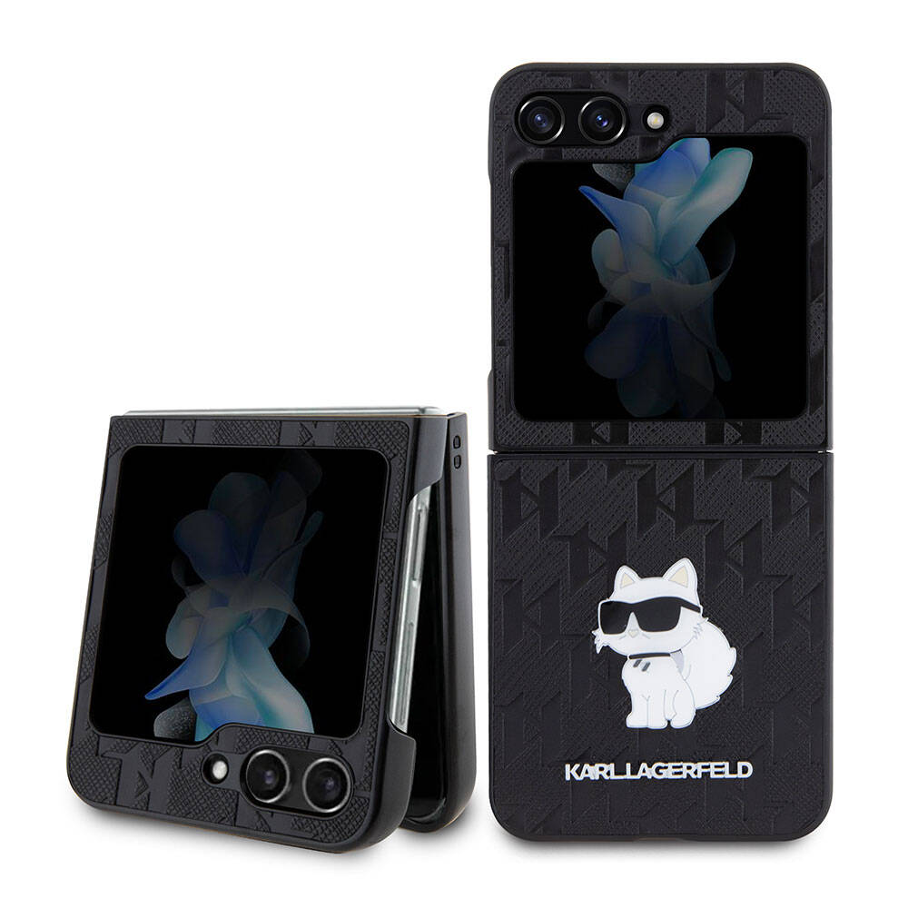 Galaxy Z Flip 5 Kılıf Karl Lagerfeld Orijinal Lisanslı KL Desenli Choupette İkonik Saffiano Kılıf