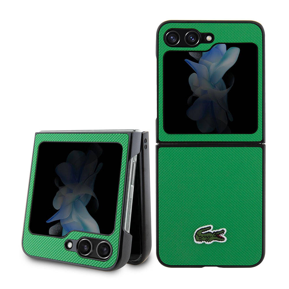 Galaxy Z Flip 5 Kılıf Lacoste orijinal Lisanslı PU Pike Desenli Arka Yüzey İkonik Timsah Dokuma Logolu Kılıf