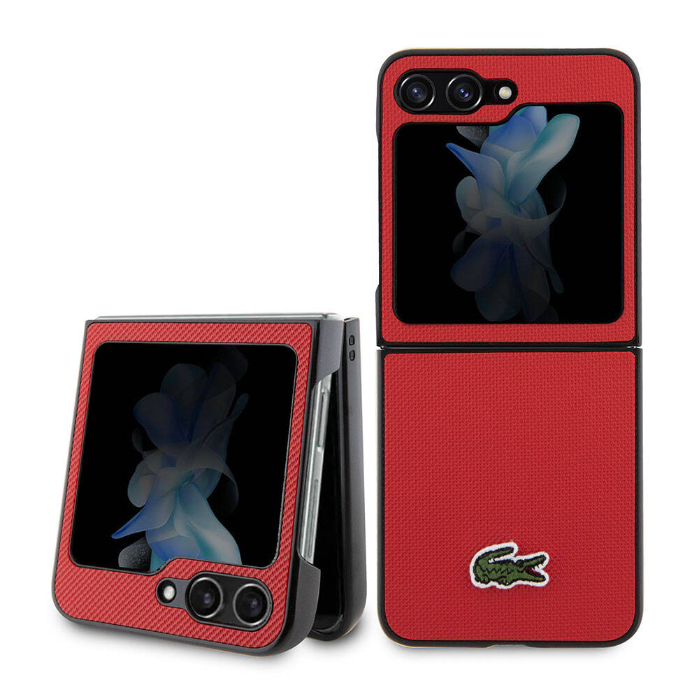 Galaxy Z Flip 5 Kılıf Lacoste orijinal Lisanslı PU Pike Desenli Arka Yüzey İkonik Timsah Dokuma Logolu Kılıf