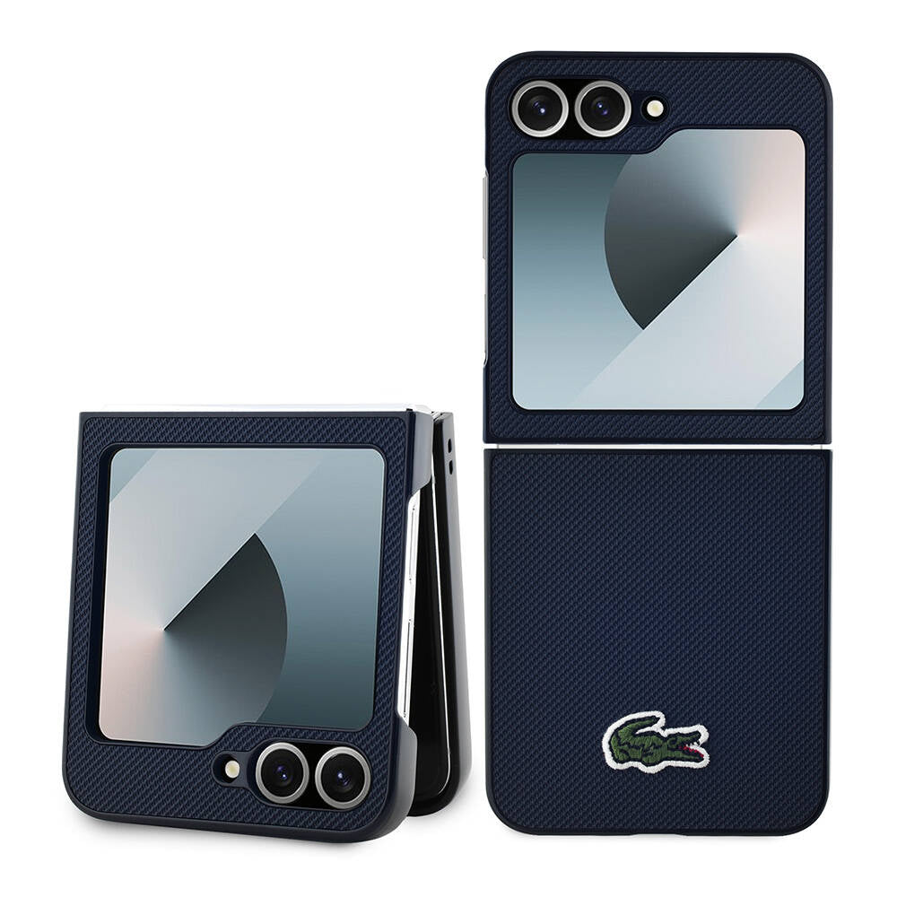 Galaxy Z Flip 6 Kılıf Lacoste orijinal Lisanslı M-safe Şarj Özellikli Pike Desenli Arka Yüzey İkonik Timsah Dokuma Logolu Kılıf