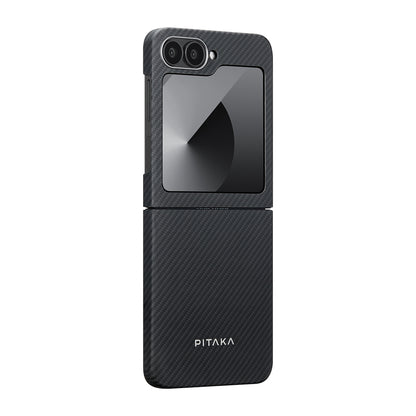 Galaxy Z Flip 6 Kılıf M-safe Şarj Özellikli 600D Aramid Fiber Pitaka Ultra-Slim Classic Serisi Black-Grey Twill Kılıf