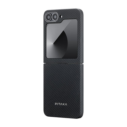 Galaxy Z Flip 6 Kılıf M-safe Şarj Özellikli 600D Aramid Fiber Pitaka Ultra-Slim Classic Serisi Black-Grey Twill Kılıf