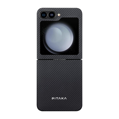 Galaxy Z Flip 6 Kılıf M-safe Şarj Özellikli 600D Aramid Fiber Pitaka Ultra-Slim Classic Serisi Black-Grey Twill Kılıf