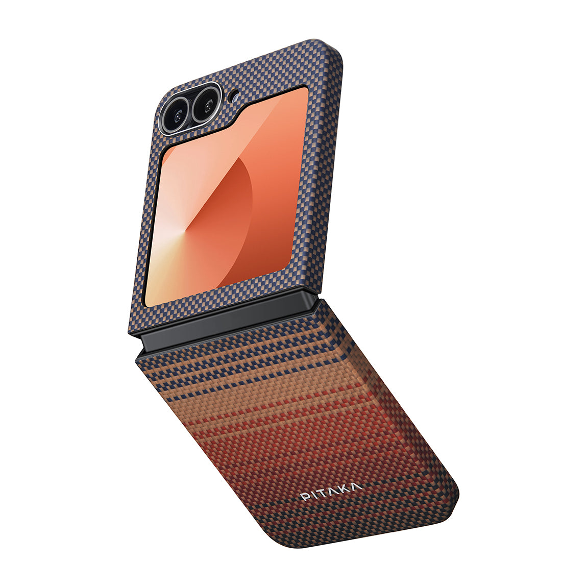 Galaxy Z Flip 6 Kılıf M-safe Şarj Özellikli Aramid Fiber Pitaka Tactile Woven Sunset-Moonrise Serisi Sunset Kılıf