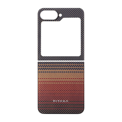 Galaxy Z Flip 6 Kılıf M-safe Şarj Özellikli Aramid Fiber Pitaka Tactile Woven Sunset-Moonrise Serisi Sunset Kılıf