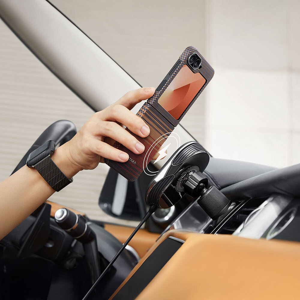 Galaxy Z Flip 6 Kılıf M-safe Şarj Özellikli Aramid Fiber Pitaka Tactile Woven Sunset-Moonrise Serisi Sunset Kılıf