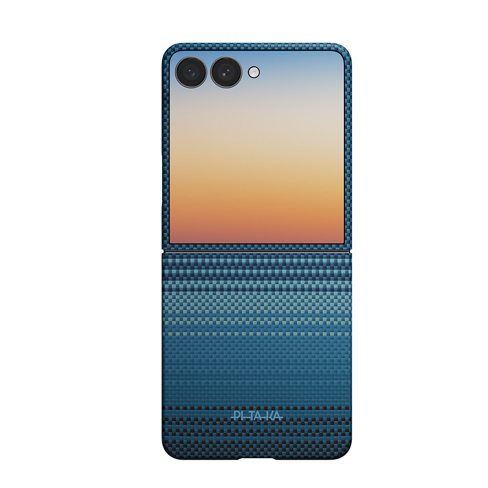 Galaxy Z Flip 8 Kılıf M-safe Şarj Özellikli Aramid Karbon Fiber Pitaka Tactile Woven Sunset-Moonrise Serisi Kılıf