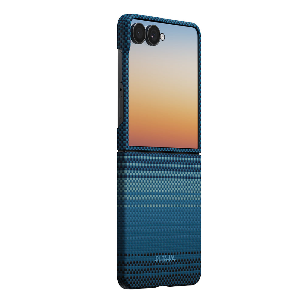 Galaxy Z Flip 8 Kılıf M-safe Şarj Özellikli Aramid Karbon Fiber Pitaka Tactile Woven Sunset-Moonrise Serisi Kılıf