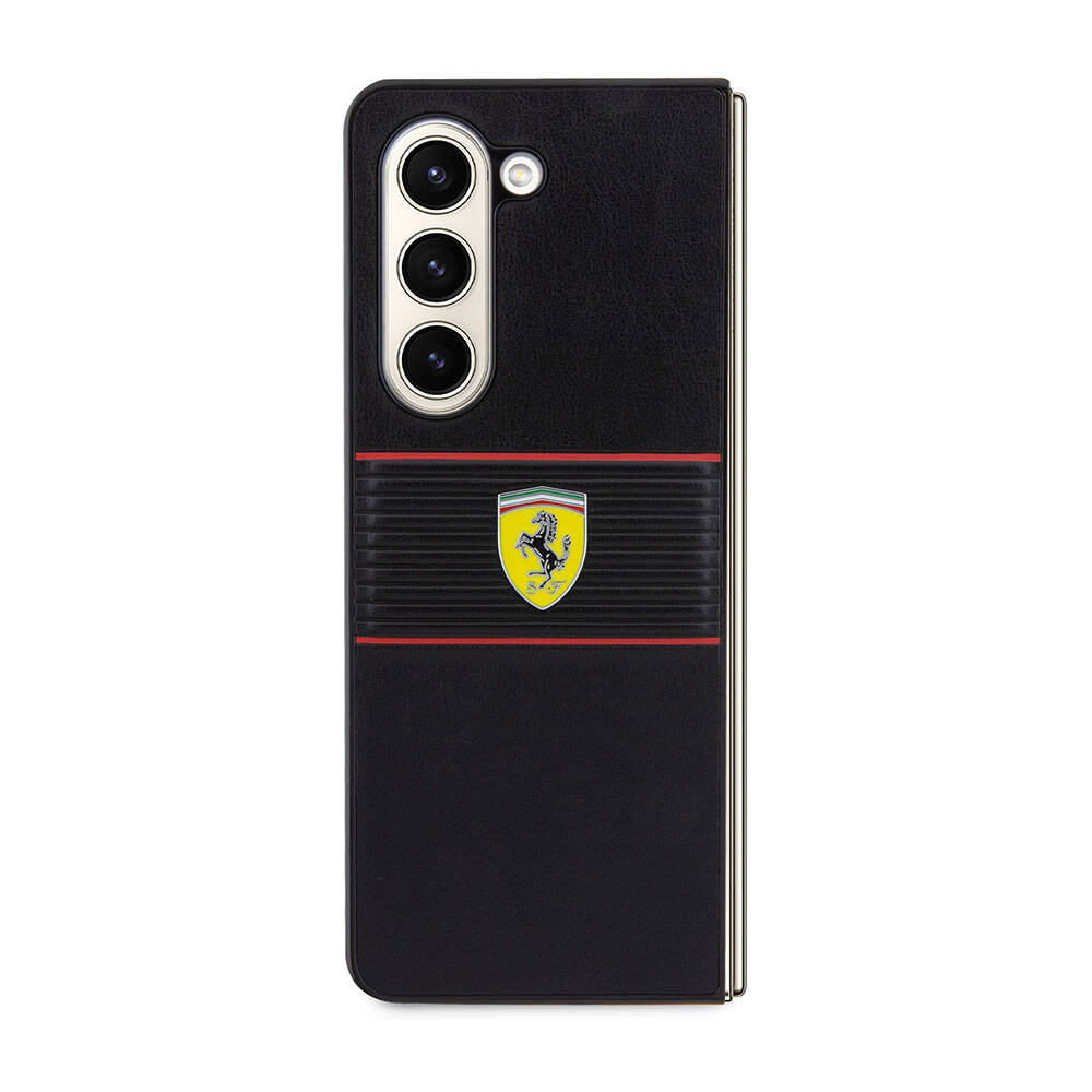 Galaxy Z Fold 5 Kılıf Ferrari Orijinal Lisanslı PU Deri Metal Logolu Multi Çizgili Kılıf