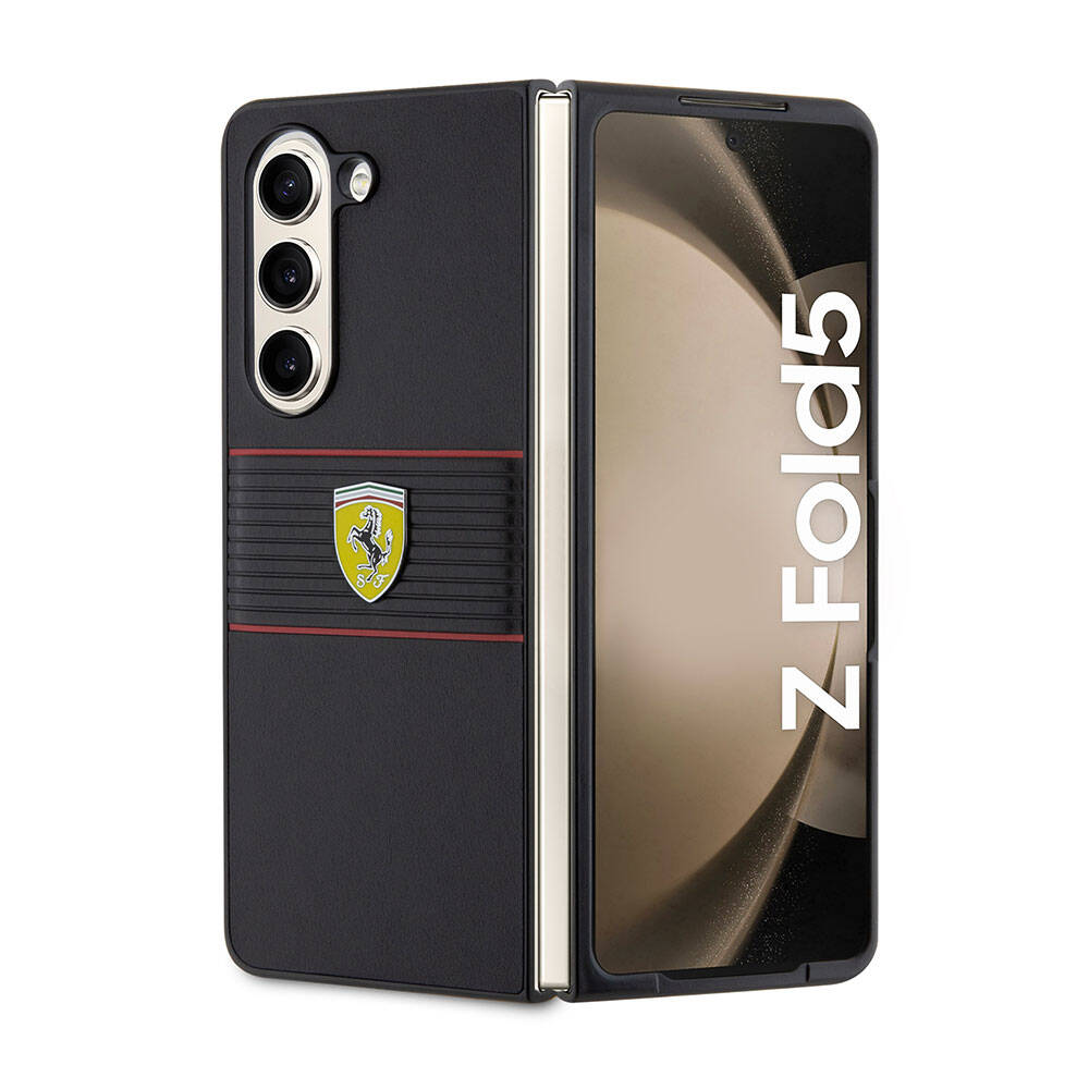 Galaxy Z Fold 5 Kılıf Ferrari orijinal Lisanslı PU Deri Metal Logolu Multi Çizgili Kılıf