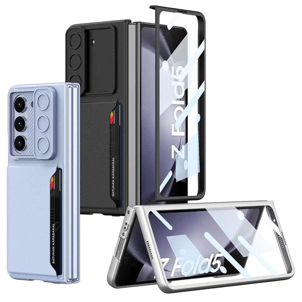 Galaxy Z Fold 5 Suni Deri Arka Yüzey Sürgülü Kamera Korumalı Zore Kartlıklı Kıpta Silikon Kılıf