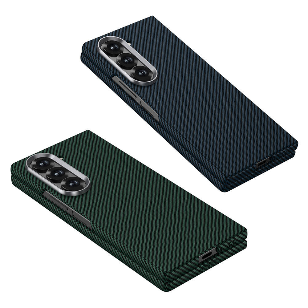 Galaxy Z Fold 6 Kılıf Kamera Korumalı Karbon Fiber Tasarımlı Arka Yüzey Zore Kıpta Karbon Kılıf