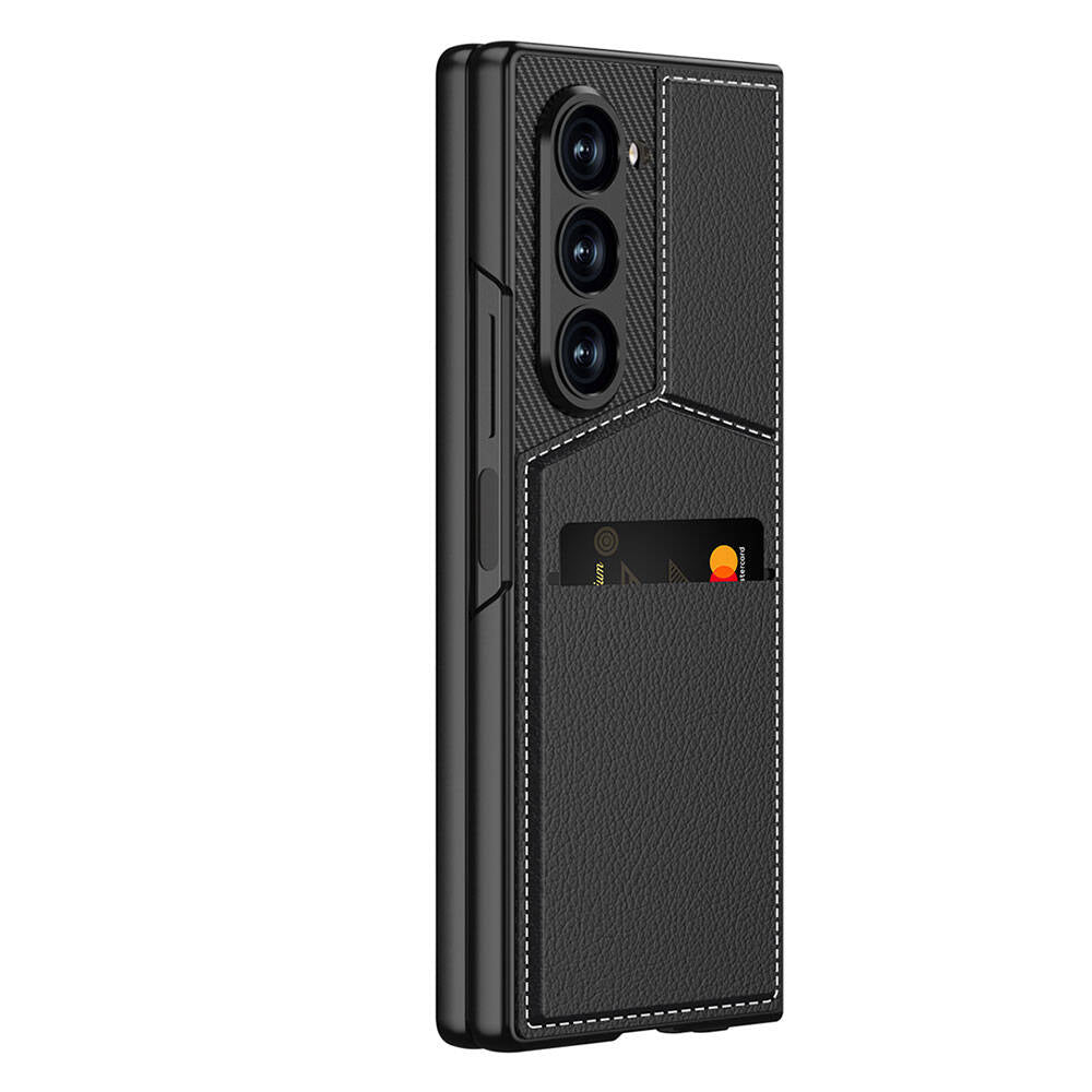 Galaxy Z Fold 6 Kılıf Karbon Fiber Deri Kartlıklı Zore Kıpta Dik Açılan Kartlıklı Kılıf
