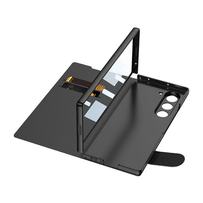 Galaxy Z Fold 6 Kılıf Karbon Fiber Tasarımlı Magnetik Tokalı Kartlıklı Zore Kıpta Zegna Kılıf