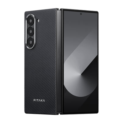 Galaxy Z Fold 6 Kılıf M-safe Şarj Özellikli 600D Aramid Fiber Pitaka Ultra-Slim Classic Serisi Black-Grey Twill Kılıf