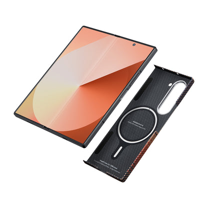 Galaxy Z Fold 6 Kılıf M-safe Şarj Özellikli Aramid Fiber Pitaka Tactile Woven Sunset-Moonrise Serisi Sunset Kılıf