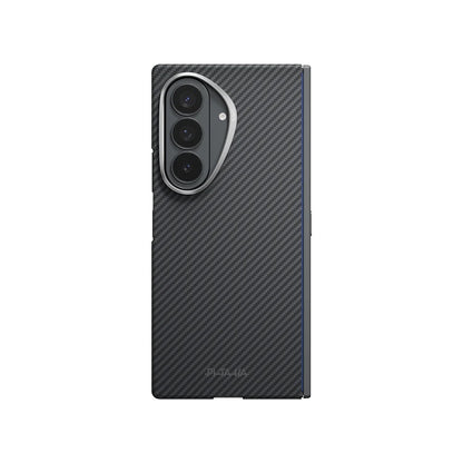 Galaxy Z Fold 8 Ultra Kılıf M-safe Şarj Özellikli 600D Aramid Karbon Fiber Menteşe Butonlu Pitaka Edge Serisi Black-Grey Twill Kılıf