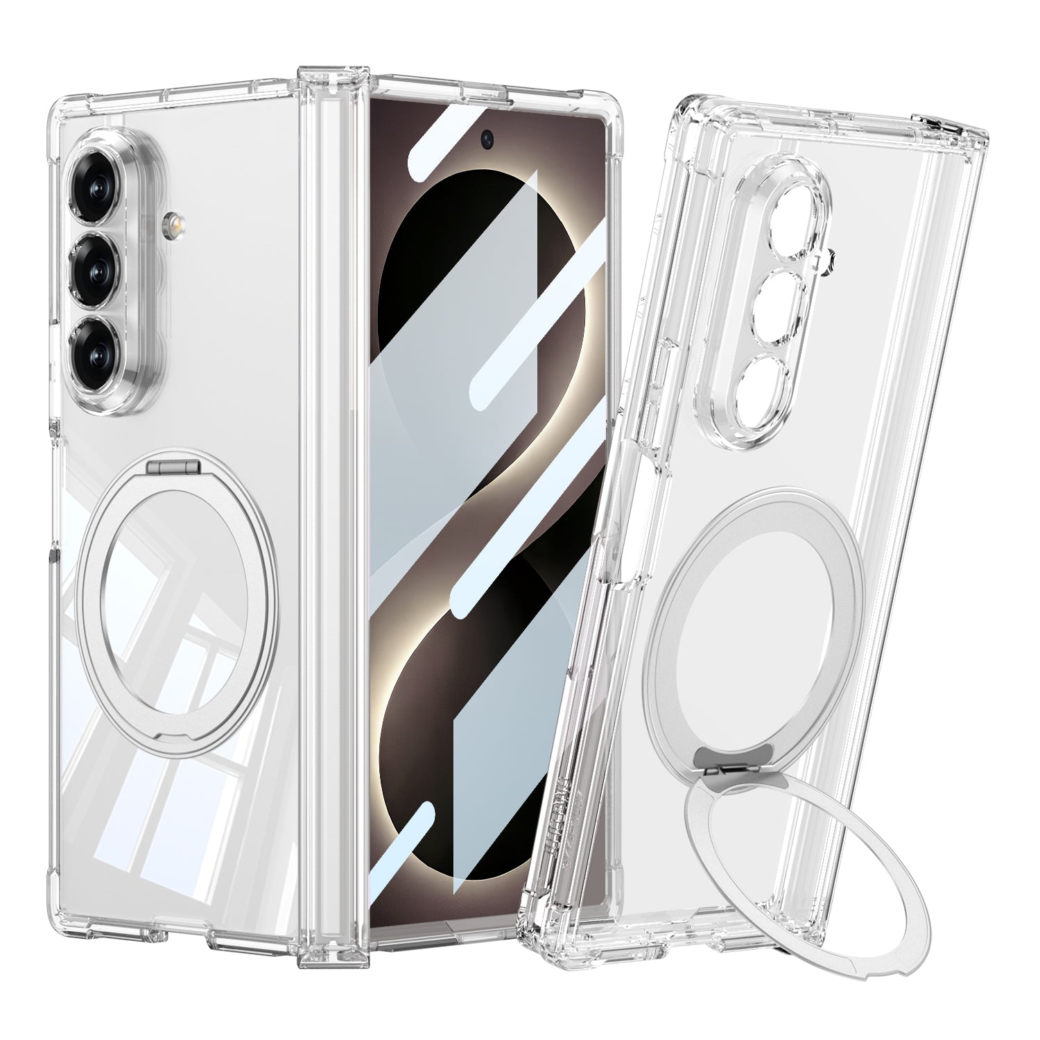 Galaxy Z Fold 8 Ultra Kılıf M-safe Şarj Özellikli Zore Kıpta KPT-09 Ring Standlı Şeffaf Sert PC Kılıf