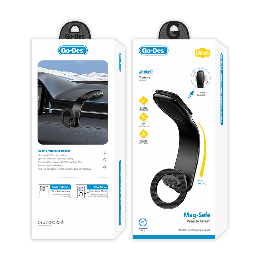 Go Des GD-HD987 Magnetik M-safe Uyumlu Bükülebilen Eğimi ve Düz Zemin Araç Telefon Tutucu