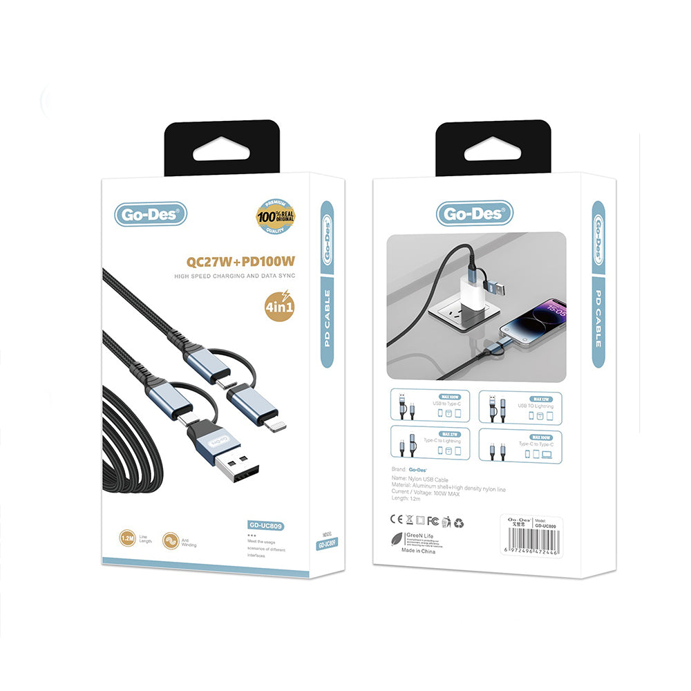 Go Des GD-UC809 4in1 PD Çoklu USB-A + Type-C to Type-C + Lightning Şarj ve Data Kablosu 100W 120cm