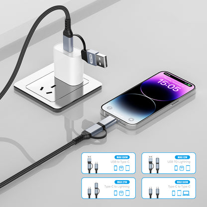 Go Des GD-UC809 4in1 PD Çoklu USB-A + Type-C to Type-C + Lightning Şarj ve Data Kablosu 100W 120cm