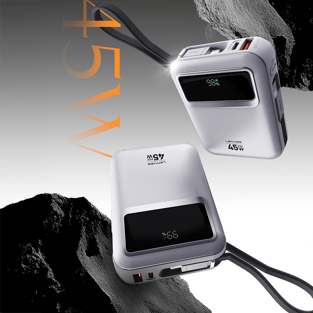 Lenyes C03-A Dijital LED Göstergeli Type-C ve Lightning Kablolu Powerbank 45W 10.000mAh