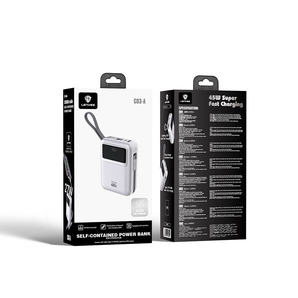 Lenyes C03-A Dijital LED Göstergeli Type-C ve Lightning Kablolu Powerbank 45W 10.000mAh