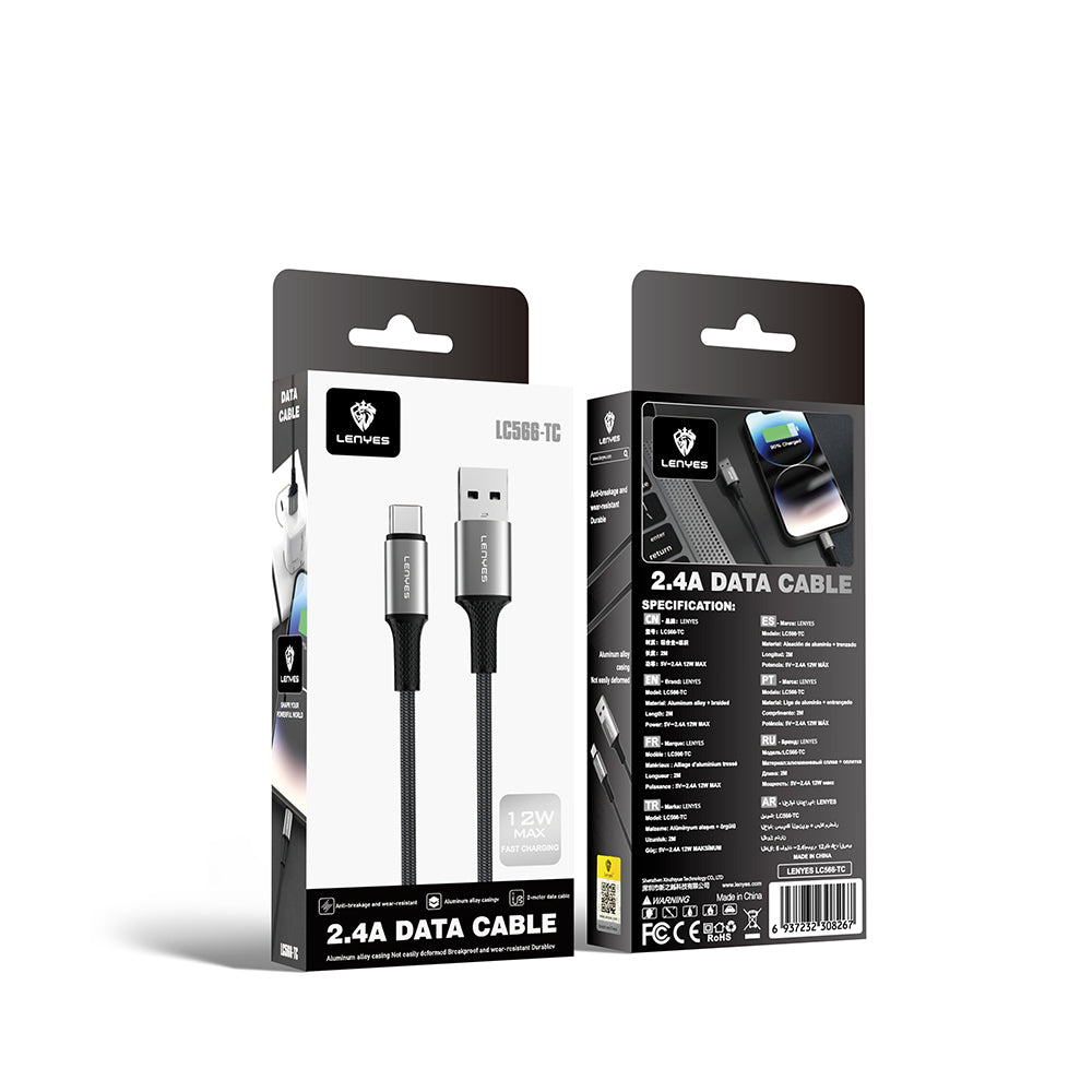Lenyes LC566 USB-A to Type-C Örgü Tasarımlı Hızlı Şarj Özellikli Data ve Şarj Kablosu 12W 2M