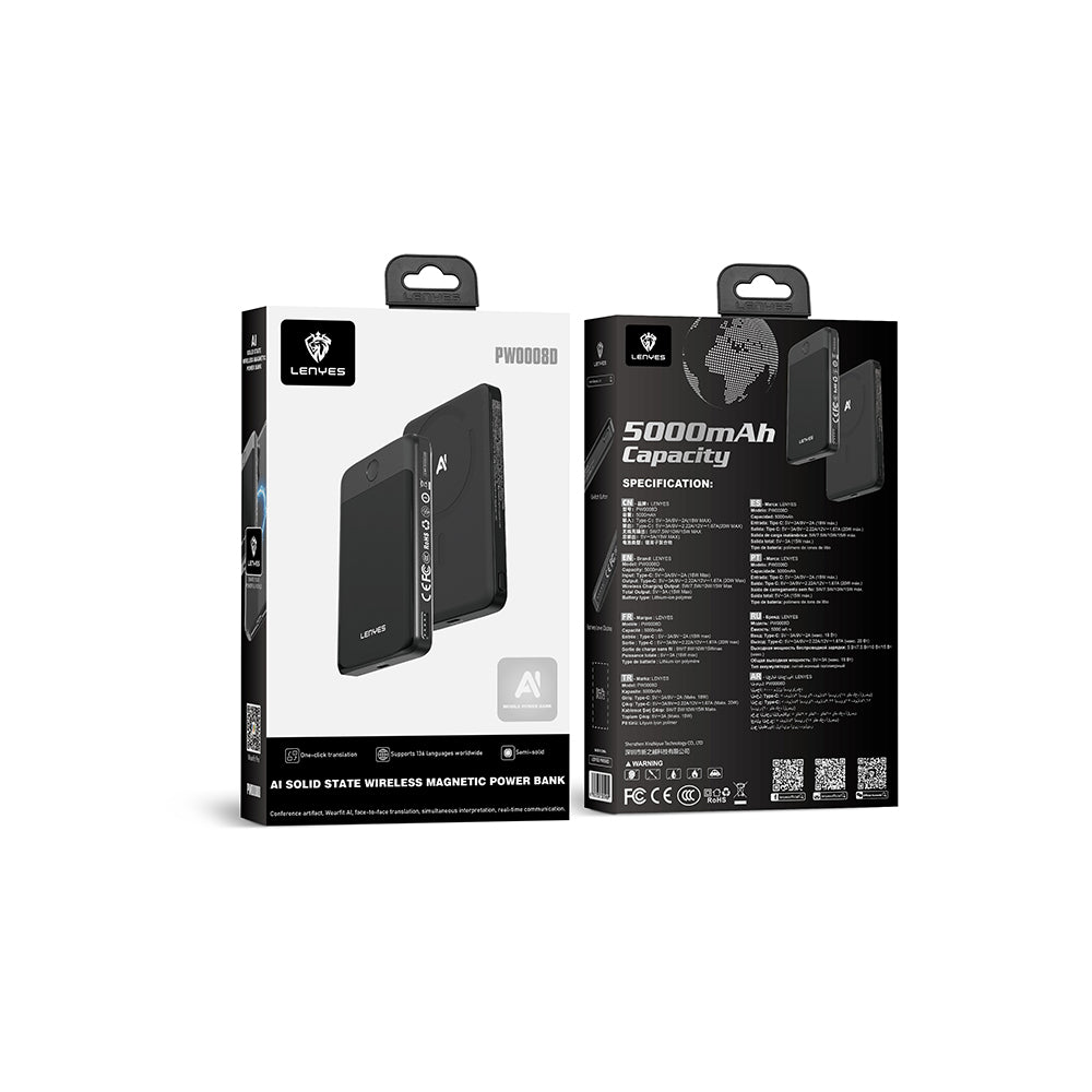 Lenyes PW0008D PD 20W LED Ekranlı Yapay Zeka Destekli Ultra İnce Wireless Powerbank 15W 5000mAh