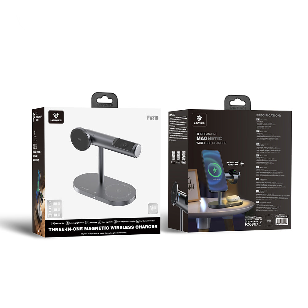 Lenyes PW319 Qi2 Şarj Teknolojili Ambiyans Işıklı Telefon&Akıllı Saat&Kulaklık 15W 3in1 Kablosuz Şarj Standı