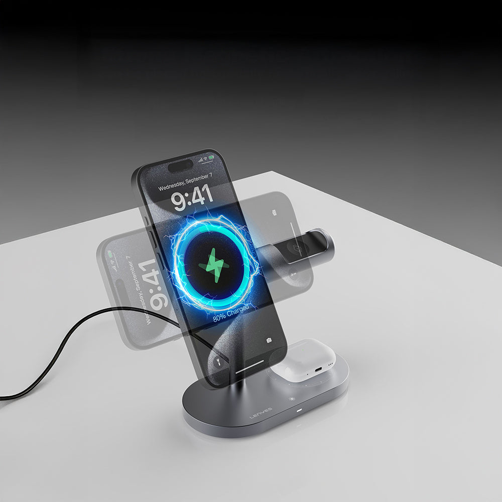 Lenyes PW319 Qi2 Şarj Teknolojili Ambiyans Işıklı Telefon&Akıllı Saat&Kulaklık 15W 3in1 Kablosuz Şarj Standı