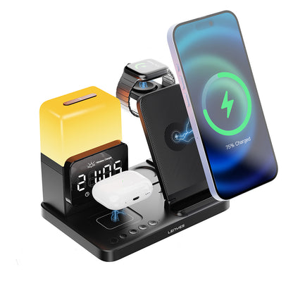Lenyes PW327 Ambiyans Işıklı Alarm Özellikli Telefon&Akıllı Saat&Kulaklık 5in1 Kablosuz Şarj Standı 15W