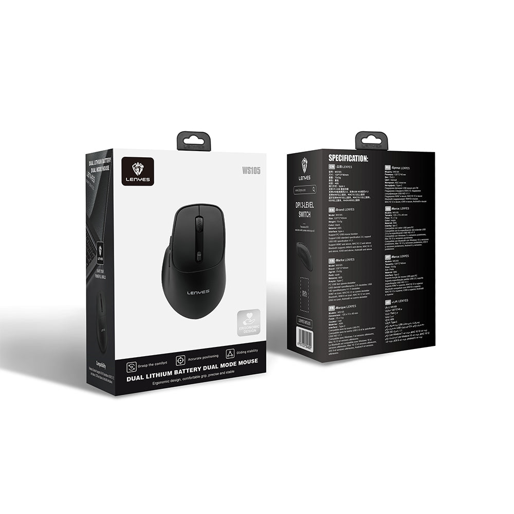 Lenyes WS105 Sessiz Buton Tasarımlı Ergonomik Çift Bluetooth Bağlantılı 2.4G Kablosuz Mouse 1600 DPI